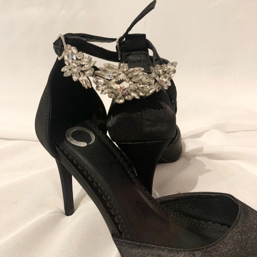 Black Satin & Rhinestone Heels - Picture 2 of 6